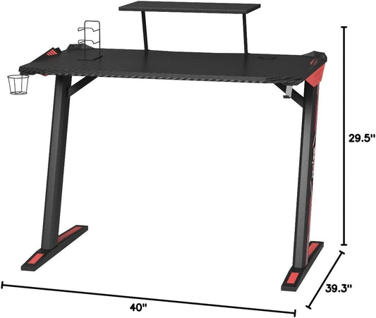 Small Gaming Desk with LED Lights & Power Outlet, Small Computer Desk 40 Inch Home Office Desk Z-Shaped Gaming Table, Carbon Fiber Gaming Computer Desk,Kids Boys Desk, Black